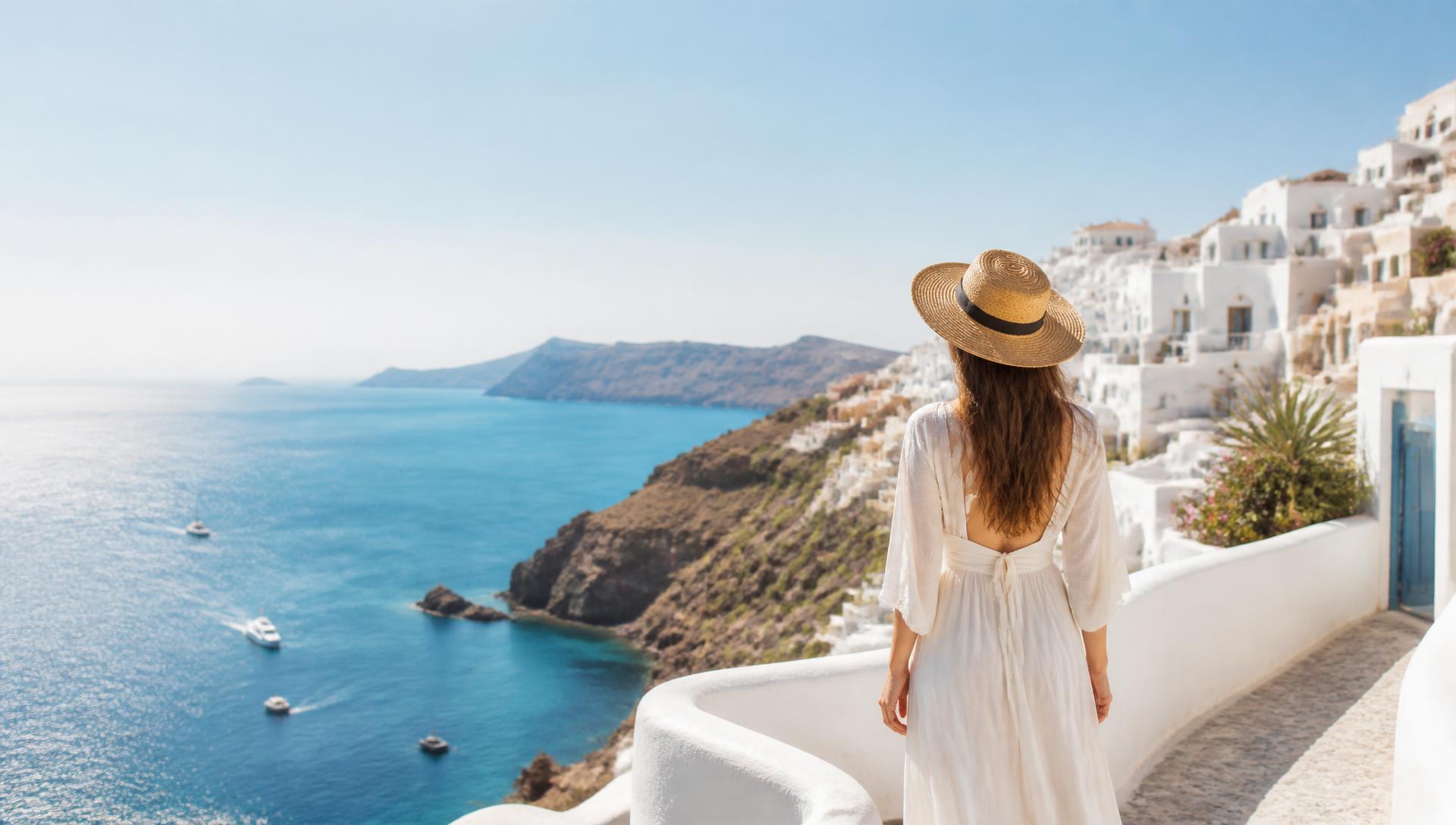 Viajera de espaldas contemplando un pueblo costero mediterráneo sobre el mar